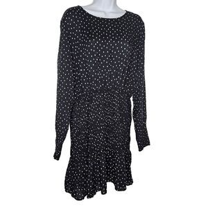 TOP SHOP 10  Black White Polka Dots Smocked‎ Waist Long Sleeves Mini Dress